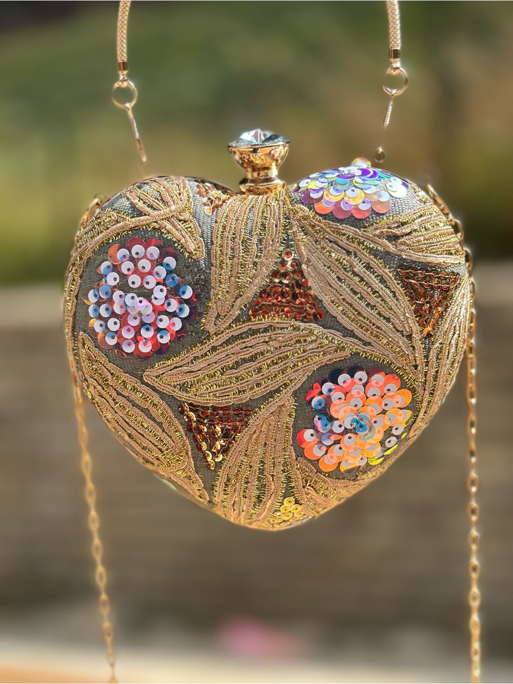 Crossed body Gold Beaded Heart Clutch with Gold Chain NNT